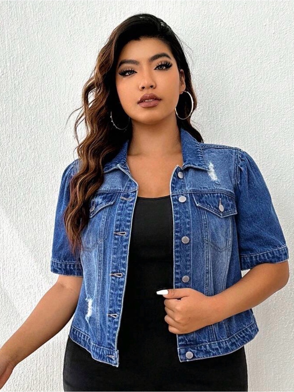 Distressed Blue Denim Jacket - Short Sleeve - Plus Size - Boho Chic